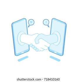Handshake phone to phone with technology illustration in light blue outline style