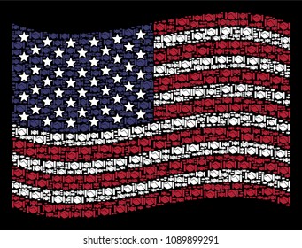 Handshake pictograms are grouped into waving American flag mosaic on a dark background. Vector collage of American state flag is organized from handshake elements.