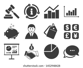 Handshake, piggy bank and currency exchange signs. Discount offer tag, chat, info icon. Money, cash and finance icons. Chart, auction and businessman symbols. Classic style signs set. Vector