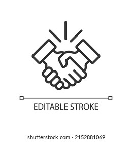 Handshake Pixel perfekte Linearsymbol. Business-Etiquette. Hände schütteln. Deal making. Firmenversammlung. Dünne Illustration. Contour-Symbol. Vektorgrafik-Zeichnung. Bearbeitbarer Strich. Arithmetik verwendet