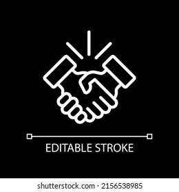 Handshake pixel perfect white linear icon for dark theme. Business etiquette. Shaking hands. Company meeting. Thin line illustration. Isolated symbol for night mode. Editable stroke. Arial font used