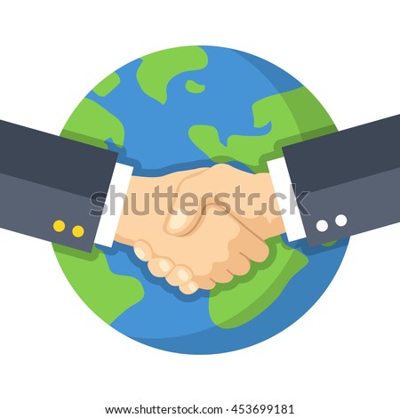 Handshake and planet Earth. World peace, global agreement, international partnership, worldwide business concepts. Flat design graphics for website, web banners, printed materials. Vector illustration