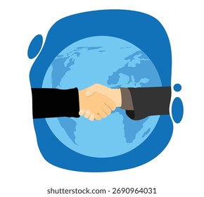 Aperto de mão com Planet Globe World em segundo plano. Fazendo negócios e parceria global fazendo uma arte vetorial