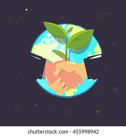 handshake with plant. agreement for our world. better world. earth day concept