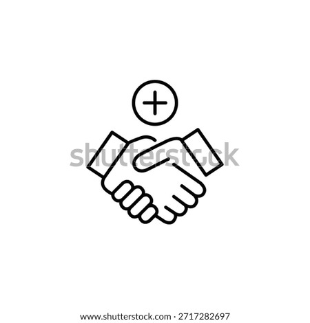 Handshake and plus. New partnership, agreement and trust. Pixel perfect, editable stroke vector icon