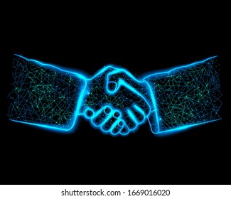 Handshake polygon mesh, teamwork people businessman. Vector illustration