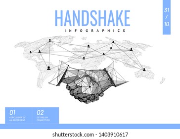 Handshake. Polygonal wireframe composition. Infographics brochure design. Abstract illustration isolated on white background. Particles are connected in a geometric silhouette. 
