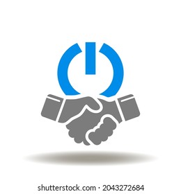 Handshake With Power Button Vector Illustration. M And A Mergers Acquisitions Business Symbol. Successful Deal Icon. Partnership Start Sign.