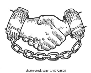 Handshake of prisoners in shackles with chain sketch engraving vector illustration. Scratch board style imitation. Black and white hand drawn image.