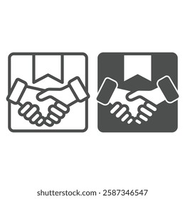 Handshake with product box line and solid icon, shipping concept. Vector graphics. Delivery service deal and package sign on white background, outline style icon for mobile or web design