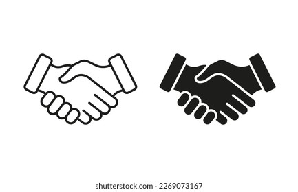 Handshake, Professional Partnership Silhouette and Line Icon Set. Hand Shake, Business Finance Deal Concept. Cooperation Team, Agreement Meeting Icon. Editable Stroke. Isolated Vector Illustration.