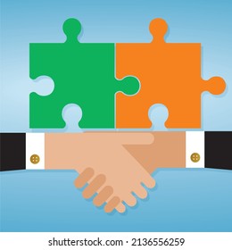 Handshake mit Puzzleteilen. Vektorgrafik. Dimension Quadrat.