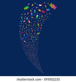 Handshake random fireworks stream. Vector illustration style is flat bright multicolored iconic symbols on a blue background. Object fountain made from scattered symbols.