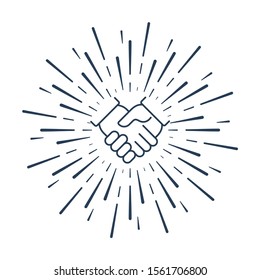 Handshake in the rays. Joint efforts. Vector linear icon on a white background.