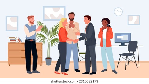 Handshake with respect of business leader and happy person vector illustration. Cartoon team of greeting colleagues applauding to young woman, praise success scene at corporate office workplace