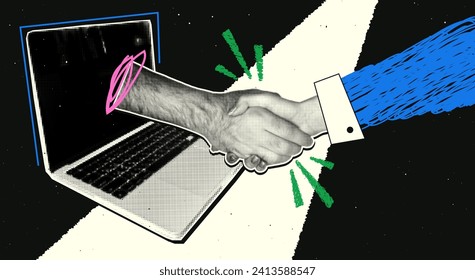 Handshake in retro collage style. Hands with halftone effect make a deal, a hand comes out of a laptop, online deals. Vector modern illustration.