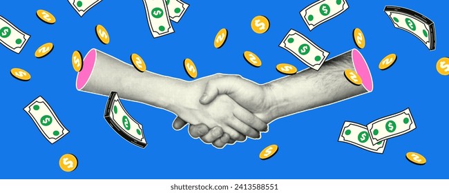 Handshake in retro collage style. Hands with a halftone effect make a deal against a background of flying bills and coins in a hand-drawn flat style. Vector modern illustration.