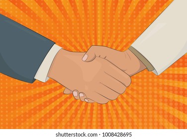 Handshake retro style vector illustration. Business man shaking hands. Strong and firm handshake clap. Pop art style illustration.