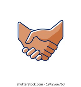 Handshake RGB color icon. Successful business deal. Partnerships. Mutually beneficial deal. Reaching agreement. Images hands of dark-skinned people. Gesture of courtesy. Isolated vector illustration