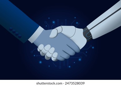 Handshake with a robot. Handshake human and android. Collaboration between human and artificial intelligence. Technology professional partnership. Vector illustration.