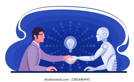 Handshake. Ein Roboter und ein Mensch schütteln die Hände nahe einer Lampe. Konzeption, Zusammenarbeit, Informationstechnologie, künstliche Intelligenz, Roboter. Vektorflache Illustration, Banner in blauer Farbe.