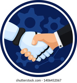 The handshake of robot and man, the logo on a white background. Future technology.