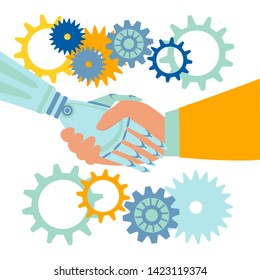 Handshake of robot and man. Metaphor of technology collaboration. Cartoon vector illustration