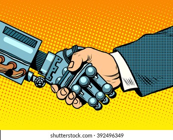 Handshake Of Robot And Man. New Technologies Evolution