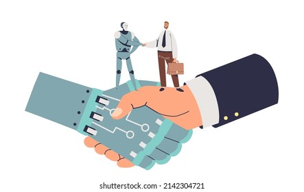 Handshake of robot and people. Collaboration of technology and human for business and technology development. Cyber artificial intelligence concept. Cartoon flat vector illustration