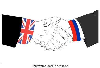 Handshake of the russian and british hands symbolizes friendship between the United Kingdom and Russia