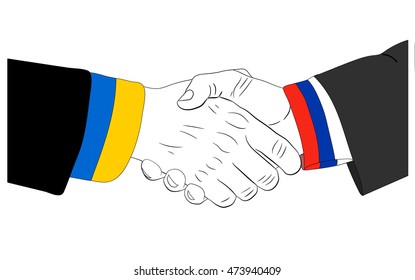 Handshake of the russian and ukrainian hands symbolizes friendship between Russia and Ukraine