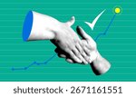 Handshake with sales growth chart in background. Halftone hands reaching out to shake hands. Successful agreement. Modern collage. Merger of companies. Shaking hands. Strike a deal. Teamwork
