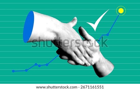 Handshake with sales growth chart in background. Halftone hands reaching out to shake hands. Successful agreement. Modern collage. Merger of companies. Shaking hands. Strike a deal. Teamwork