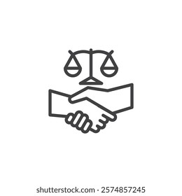 Handshake with Scales line icon. linear style sign for mobile concept and web design. Fairness in agreement outline vector icon. Equality, justice, and diplomacy symbol, logo illustration