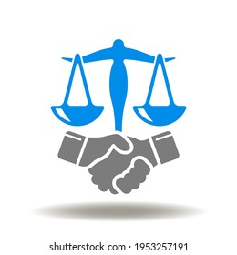 Handshake with scales vector icon. Law sign. Lawyer agency logo. Legal deal illustration. Justice pictogram.