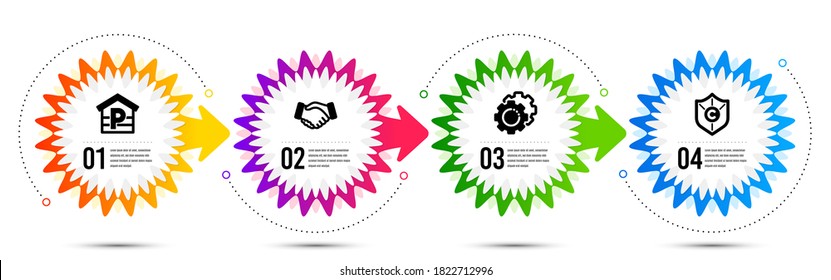 Handshake, Settings gears and Parking icons simple set. Timeline steps infographic. Copyright protection sign. Deal hand, Technology process, Garage. Shield. Business set. Vector