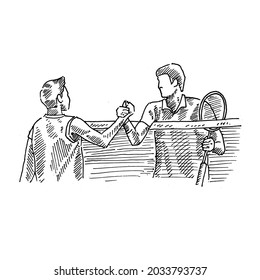 Handshake.	Schütteln Sie nach dem Badminton-Match die Hände.	Retro Vintage Skizze Vektorgrafik. Gravur-Stil. schwarz einzeln auf weißem Hintergrund. Vektorgrafik-Design-Skizze.