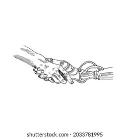 Handshake.	shaking hands with artificial hands.	Retro vintage sketch vector illustration. Engraving style. black isolated on white background. vector draw graphic design illustration sketch.