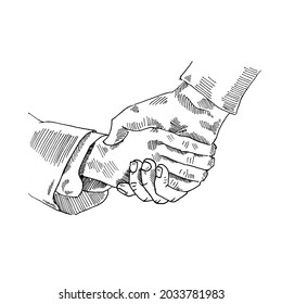 Handshake.	shaking hands between business associates.	Retro vintage sketch vector illustration. Engraving style. black isolated on white background. vector draw graphic design illustration sketch.