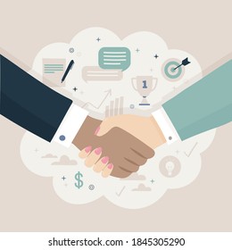 Handshake. Shaking hands business vector illustration, symbol of success business deal or contract, happy partnership or friendship, greeting shake, agreement, casual handshaking agreement concept. 