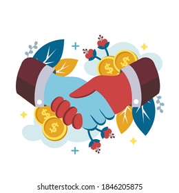Handshake. Shaking hands business vector illustration, symbol of success business deal or contract, happy partnership or friendship, greeting shake, agreement, casual handshaking agreement concept. 