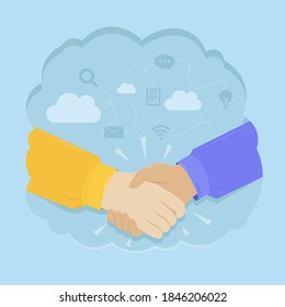 Handshake. Shaking hands business vector illustration, symbol of success business deal or contract, happy partnership or friendship, greeting shake, agreement, casual handshaking agreement concept. 