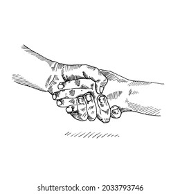 Handshake.	shaking hands during a business cooperation agreement.	Retro vintage sketch vector illustration. Engraving style. black isolated on white background. vector draw graphic design illustration