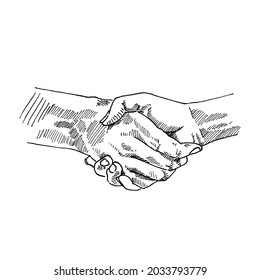 Handshake.	Händeschütteln während der Geschäftsvereinbarung.	Retro Vintage Skizze Vektorgrafik. Gravur-Stil. schwarz einzeln auf weißem Hintergrund. Vektorgrafik-Design-Skizze.