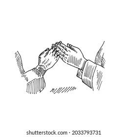 Handshake.	Händeschütteln an Eid.	Retro Vintage Skizze Vektorgrafik. Gravur-Stil. schwarz einzeln auf weißem Hintergrund. Vektorgrafik-Design-Skizze.