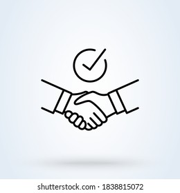 Handshake Shield Check Mark sign line icon or logo. Commitment thin concept. Trust Commitment Business vector linear illustration.