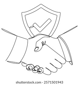 Handshake and shield continuous line drawing. International agreement concept with check mark. World partnership linear illustration. Vector isolated on white.