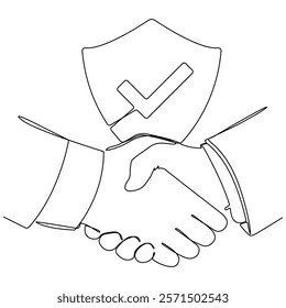 Handshake and shield continuous line drawing. World partnership linear illustration. International agreement concept with check mark. Vector isolated on white.