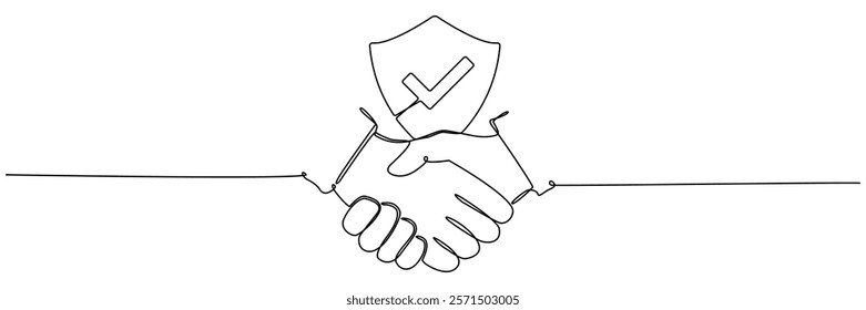 Handshake and shield continuous line drawing. International agreement concept with check mark illustration. Vector isolated on white.