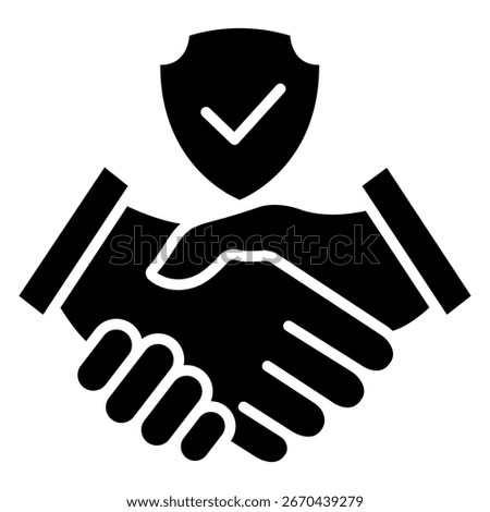 Handshake and shield icon. Agreement concept with checkmark silhouette. Protect secure sign. Trust and partnership symbol. Vector isolated on white.